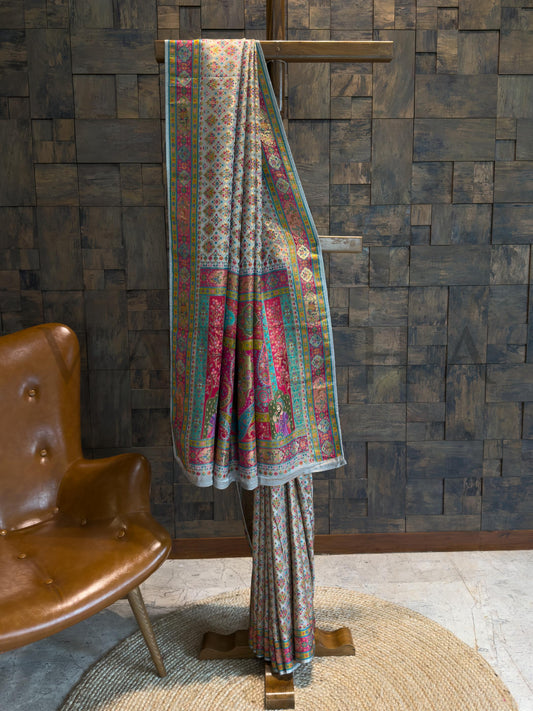 Grey Viscose Katan Silk Saree with Zari Floral Buttis Pink Satin Blouse