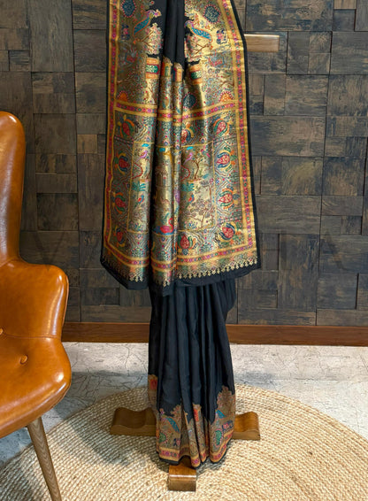 Black Viscose Katan Silk Saree with Zari Jungle Motifs
