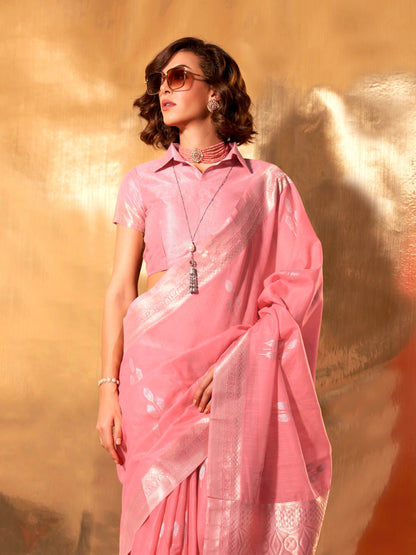 Pink Linen Cotton Saree with Woven Floral Design