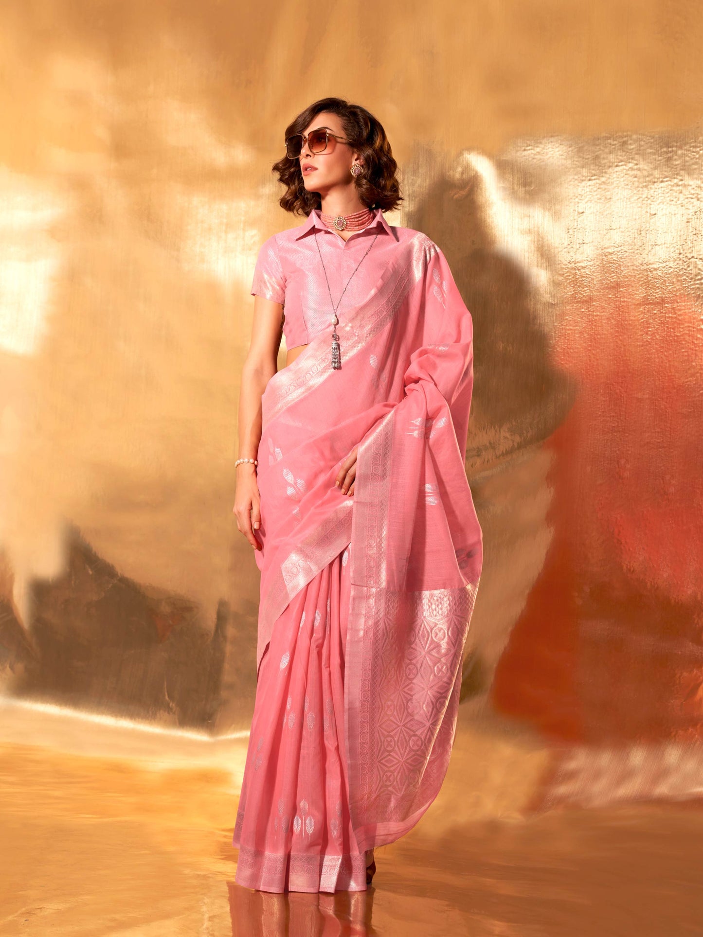 Pink Linen Cotton Saree with Woven Floral Design
