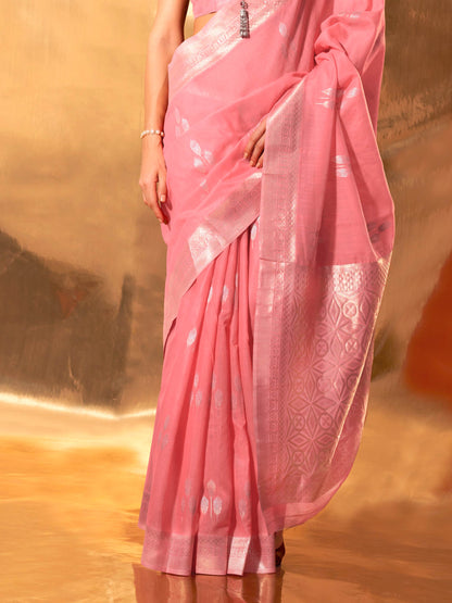Pink Linen Cotton Saree with Woven Floral Design
