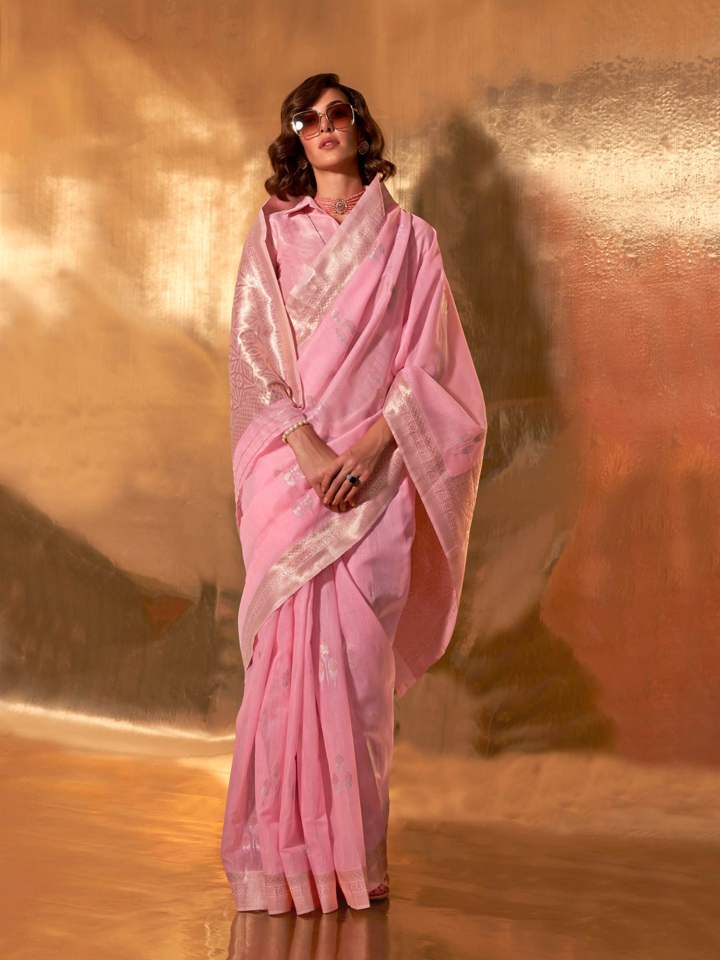 Pink Linen Cotton Saree with Woven Floral Design