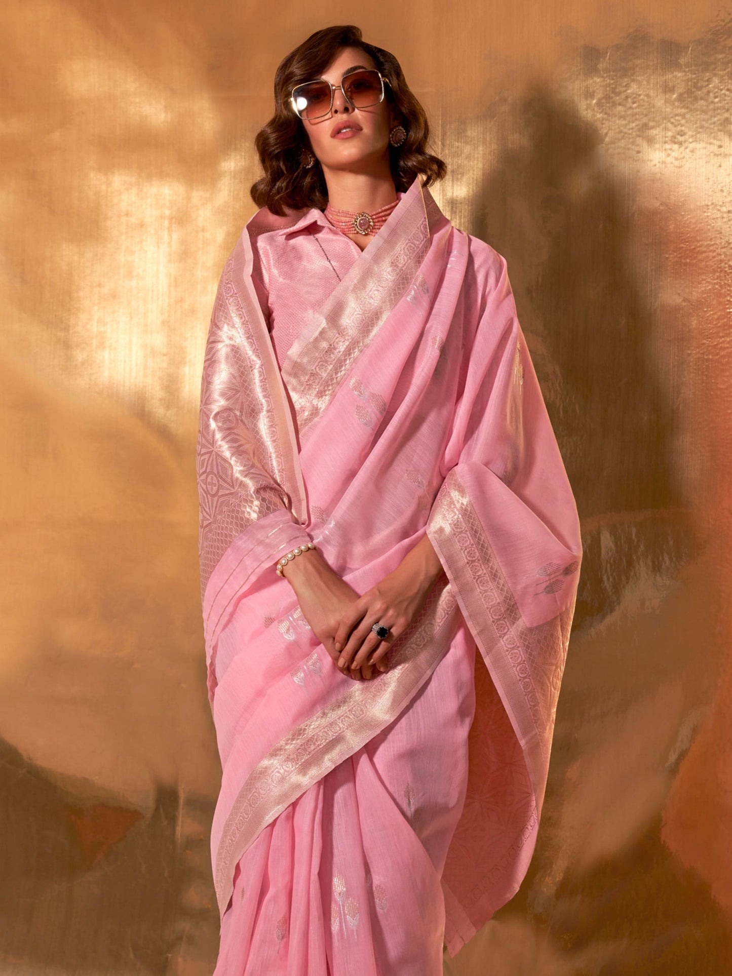 Pink Linen Cotton Saree with Woven Floral Design