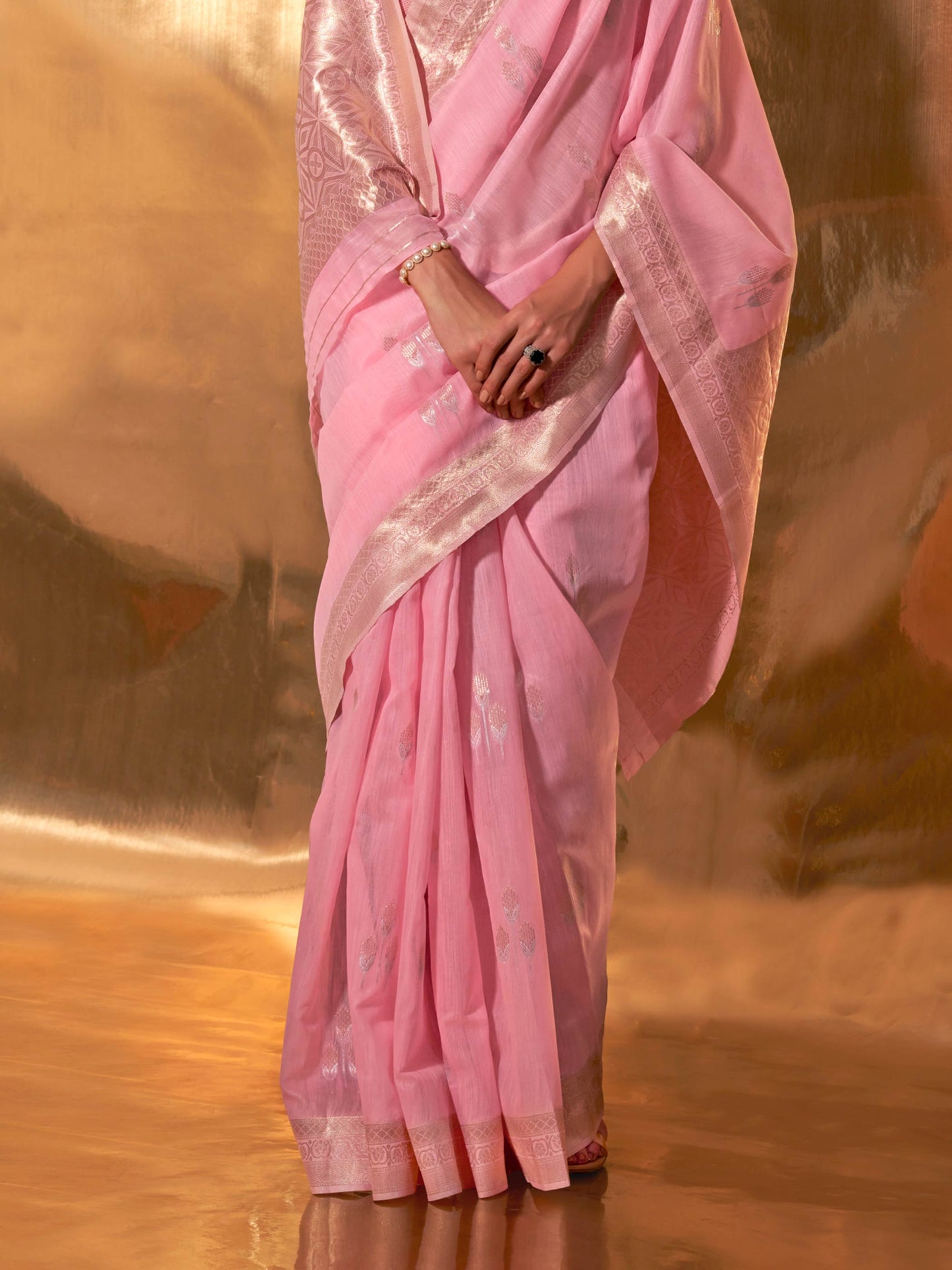 Pink Linen Cotton Saree with Woven Floral Design