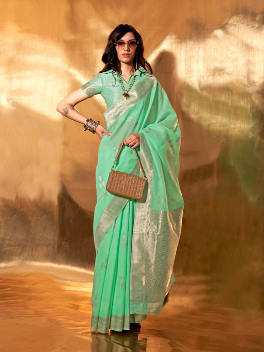 Green Linen Cotton Saree with Woven Floral Design