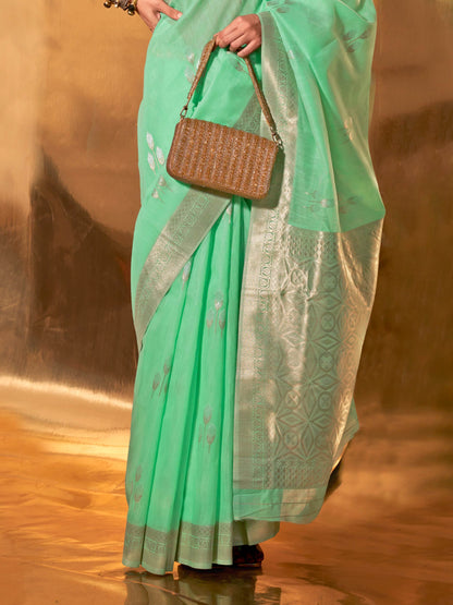 Green Linen Cotton Saree with Woven Floral Design