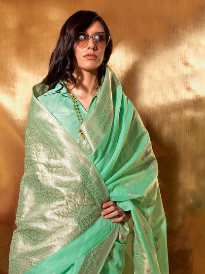 Green Linen Cotton Saree with Woven Floral Design