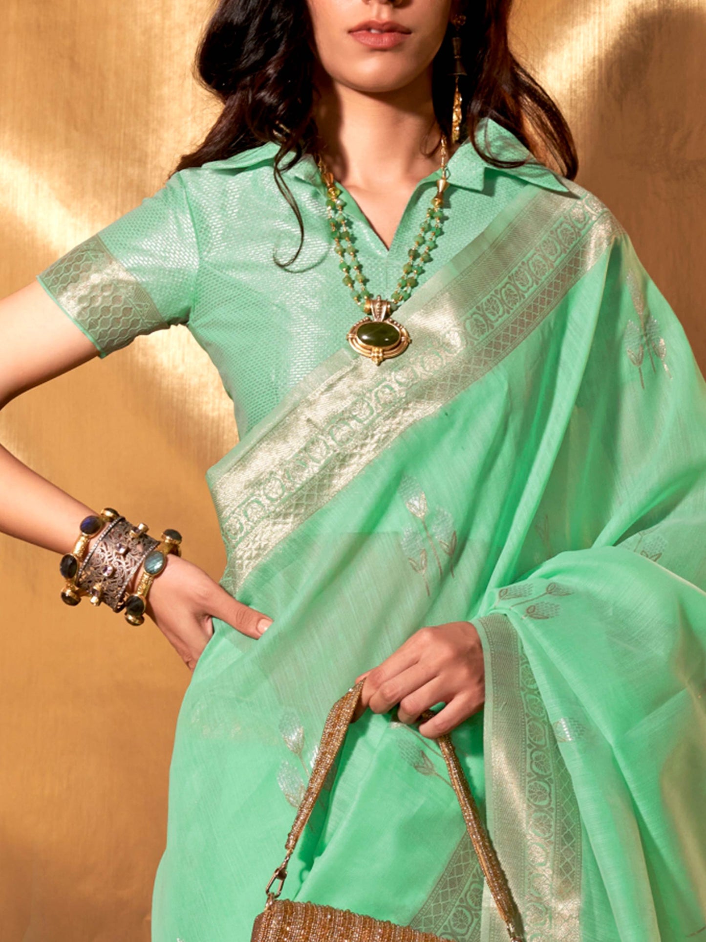 Green Linen Cotton Saree with Woven Floral Design