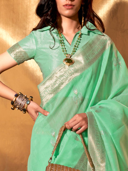 Green Linen Cotton Saree with Woven Floral Design