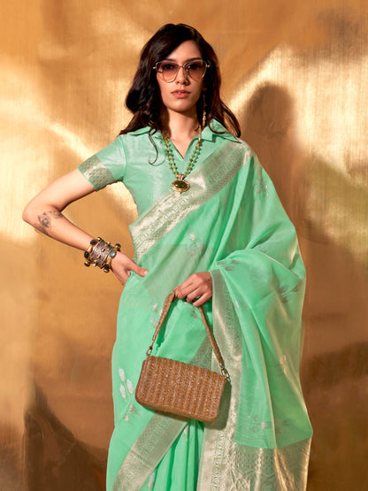 Green Linen Cotton Saree with Woven Floral Design