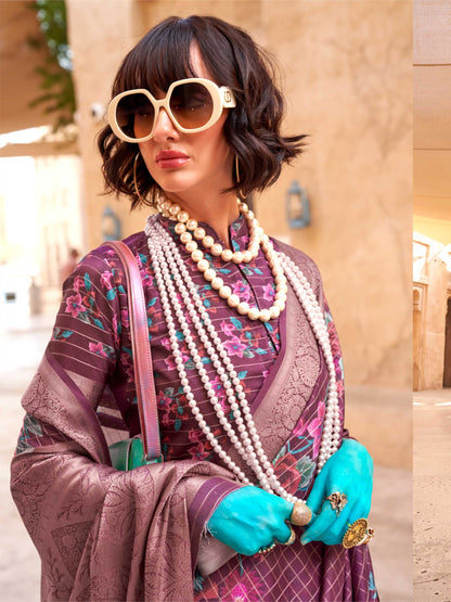 Purple FeatherSoft Saree with Woven Checks and Printed Floral Motifs