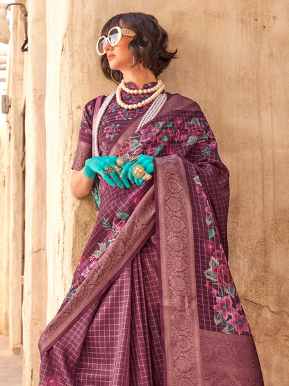 Purple FeatherSoft Saree with Woven Checks and Printed Floral Motifs