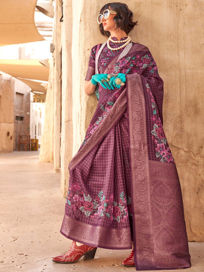 Purple FeatherSoft Saree with Woven Checks and Printed Floral Motifs