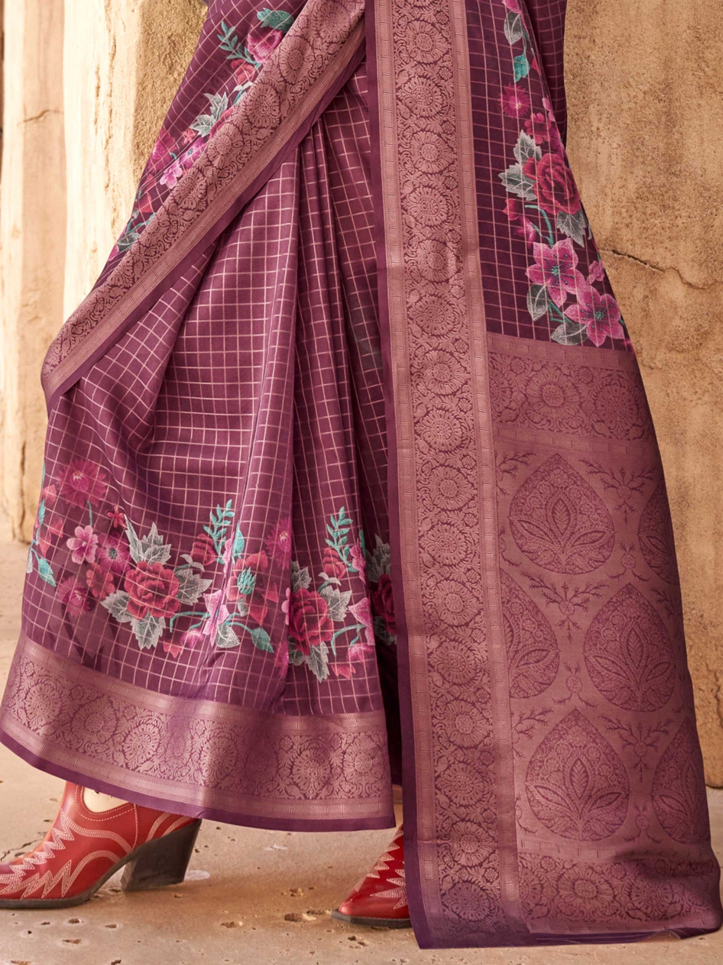 Purple FeatherSoft Saree with Woven Checks and Printed Floral Motifs