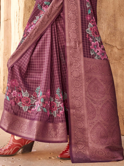 Purple FeatherSoft Saree with Woven Checks and Printed Floral Motifs