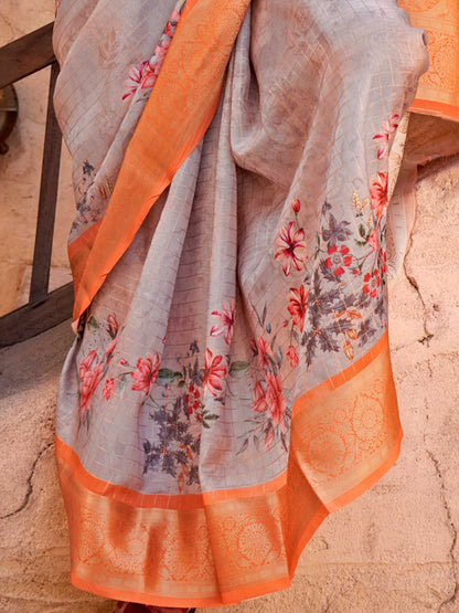 Grey FeatherSoft Saree with Woven Checks and Printed Floral Motifs