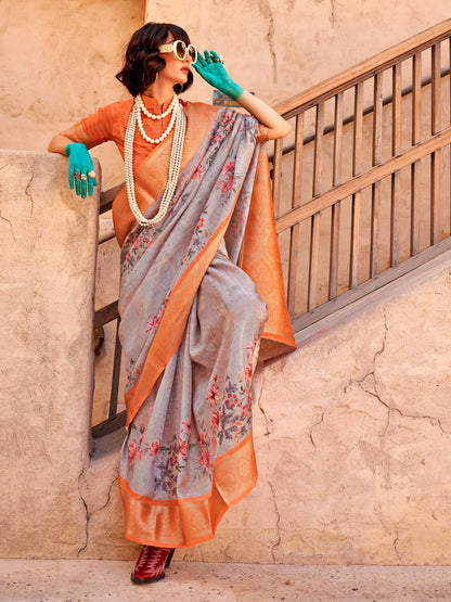 Grey FeatherSoft Saree with Woven Checks and Printed Floral Motifs