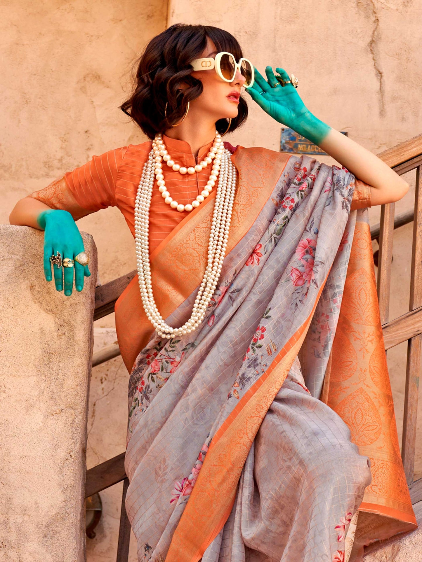 Grey FeatherSoft Saree with Woven Checks and Printed Floral Motifs