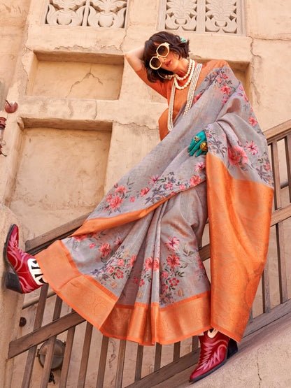 Grey FeatherSoft Saree with Woven Checks and Printed Floral Motifs