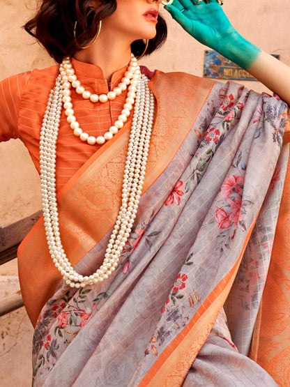 Grey FeatherSoft Saree with Woven Checks and Printed Floral Motifs