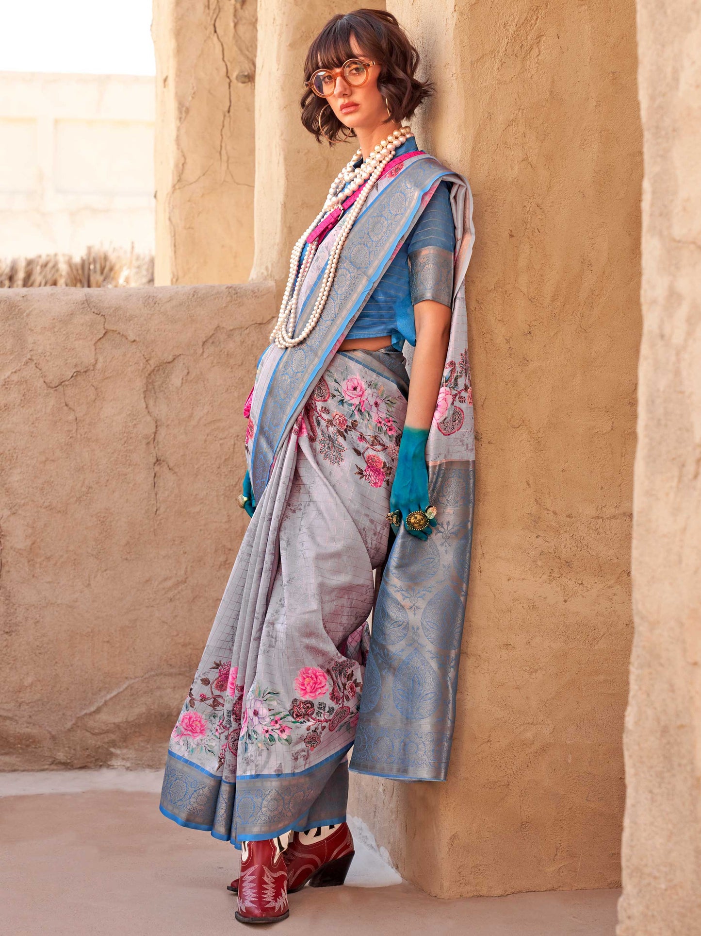 Blue FeatherSoft Saree with Woven Checks and Printed Floral Motifs