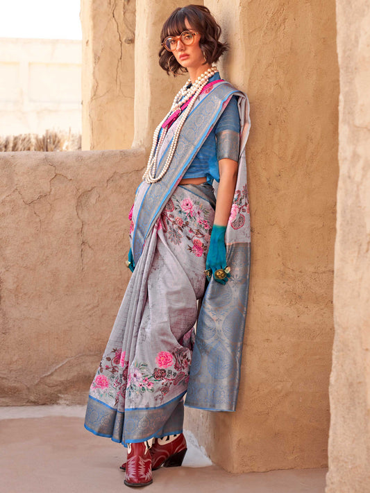 Blue FeatherSoft Saree with Woven Checks and Printed Floral Motifs