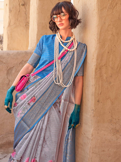 Blue FeatherSoft Saree with Woven Checks and Printed Floral Motifs