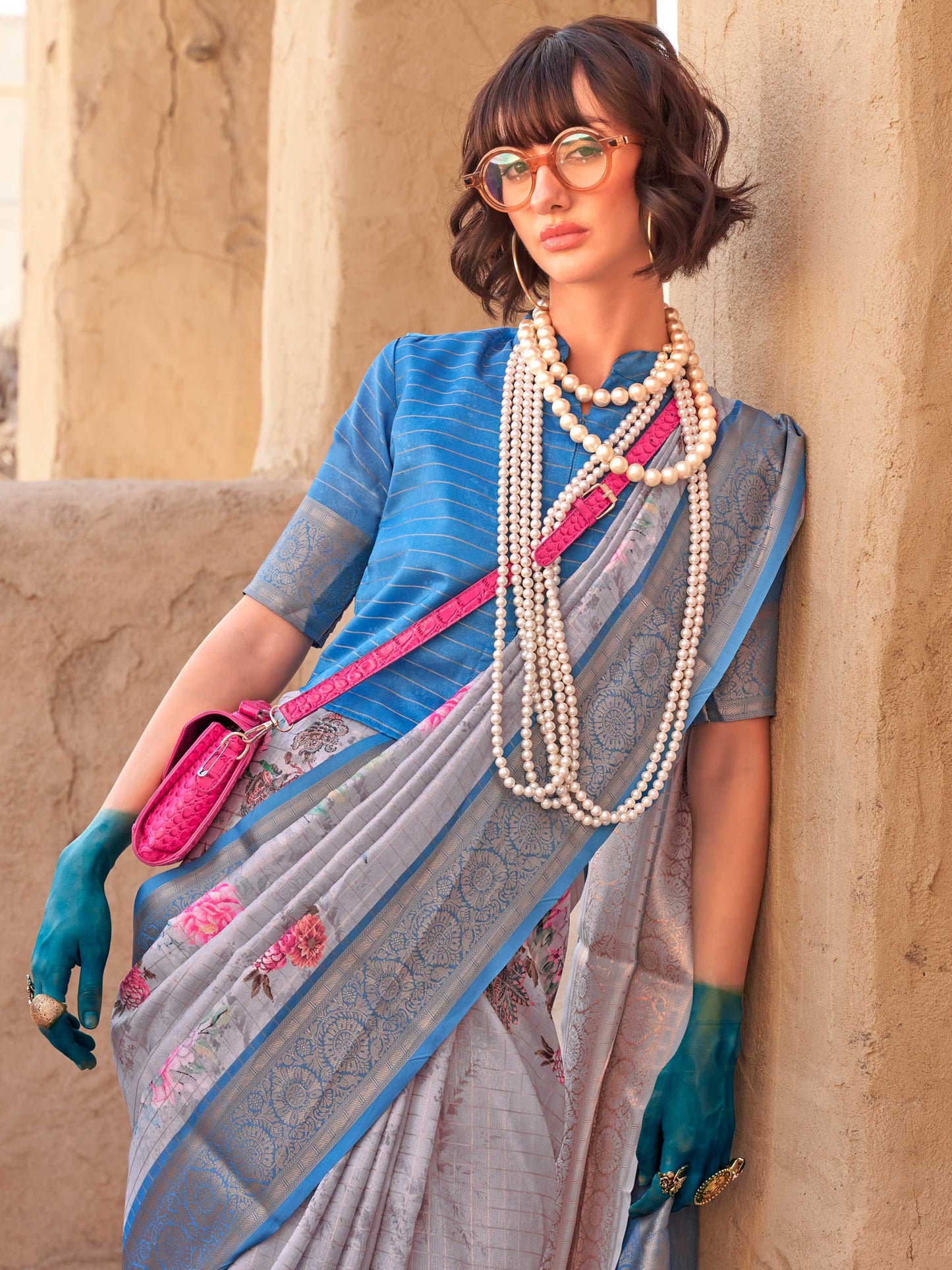 Blue FeatherSoft Saree with Woven Checks and Printed Floral Motifs