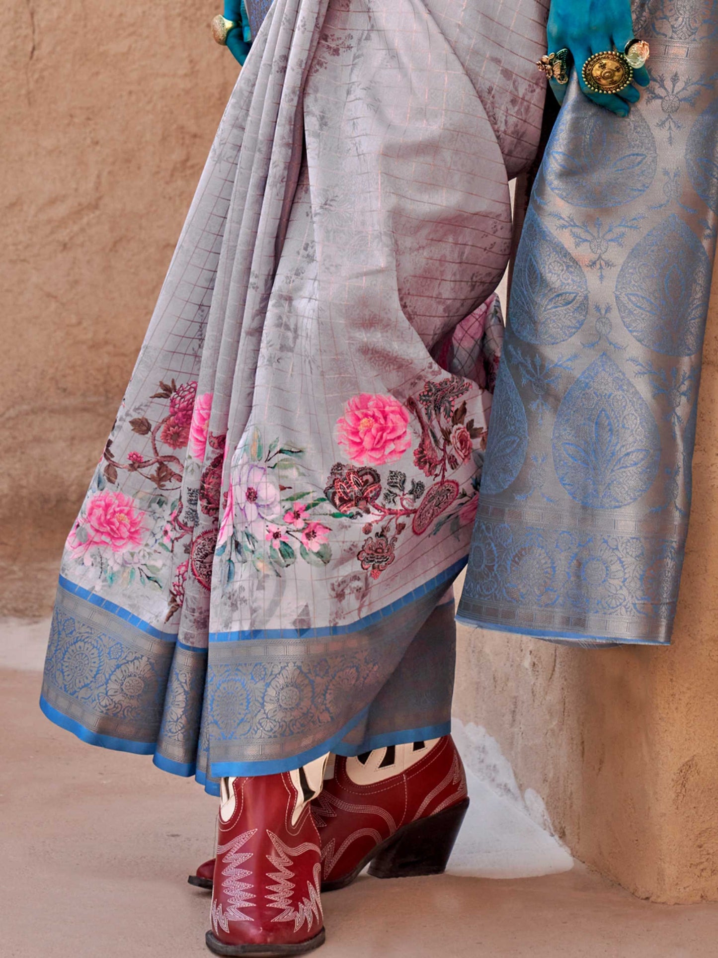 Blue FeatherSoft Saree with Woven Checks and Printed Floral Motifs