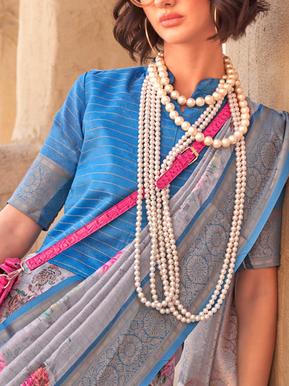 Blue FeatherSoft Saree with Woven Checks and Printed Floral Motifs