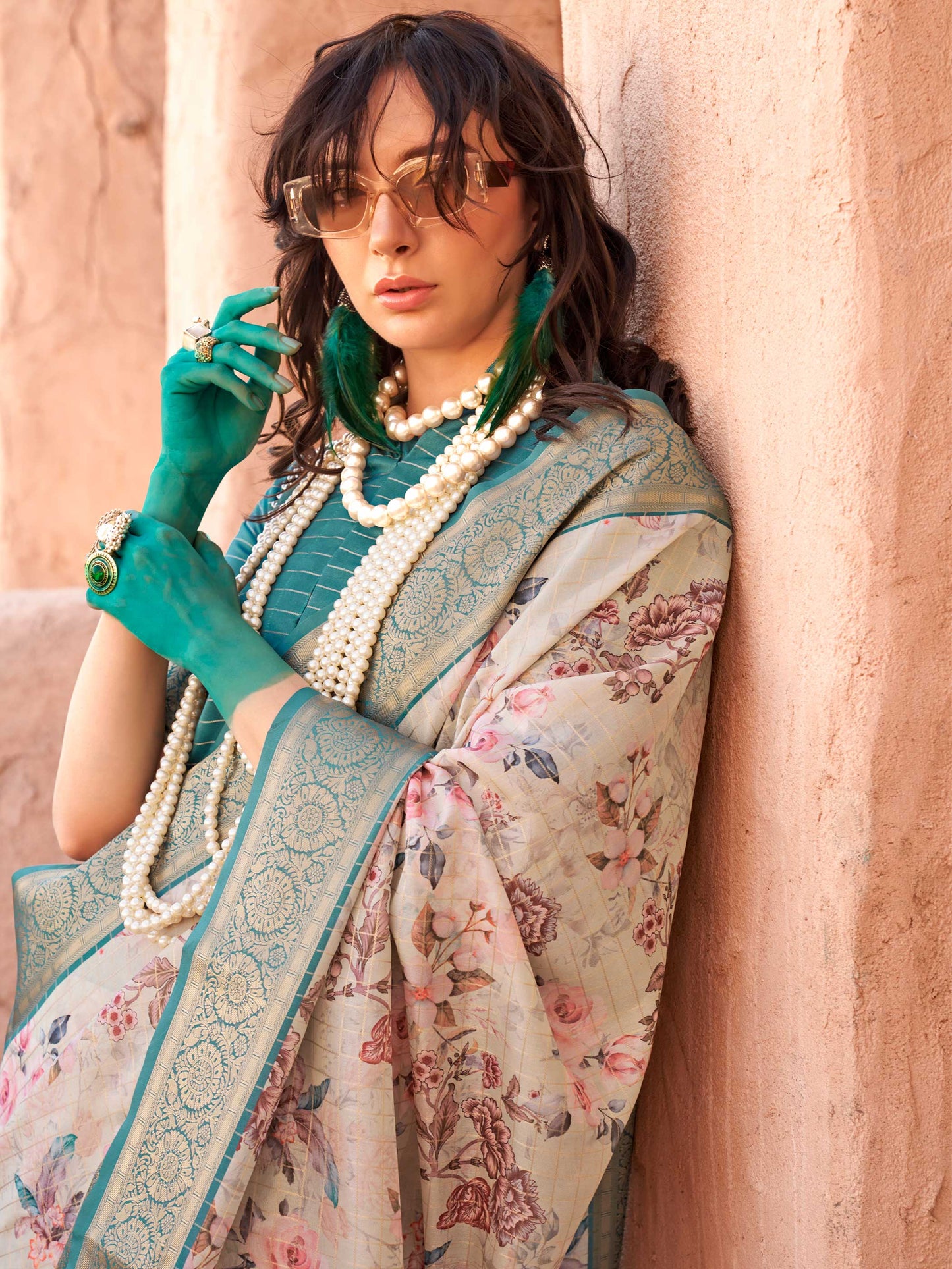Beige FeatherSoft Saree with Woven Checks and Printed Floral Motifs