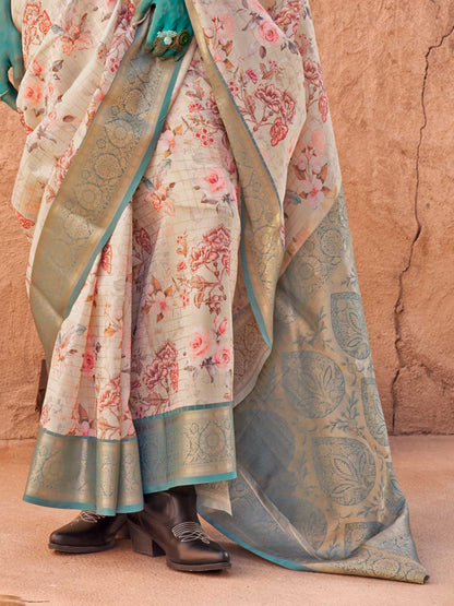 Beige FeatherSoft Saree with Woven Checks and Printed Floral Motifs