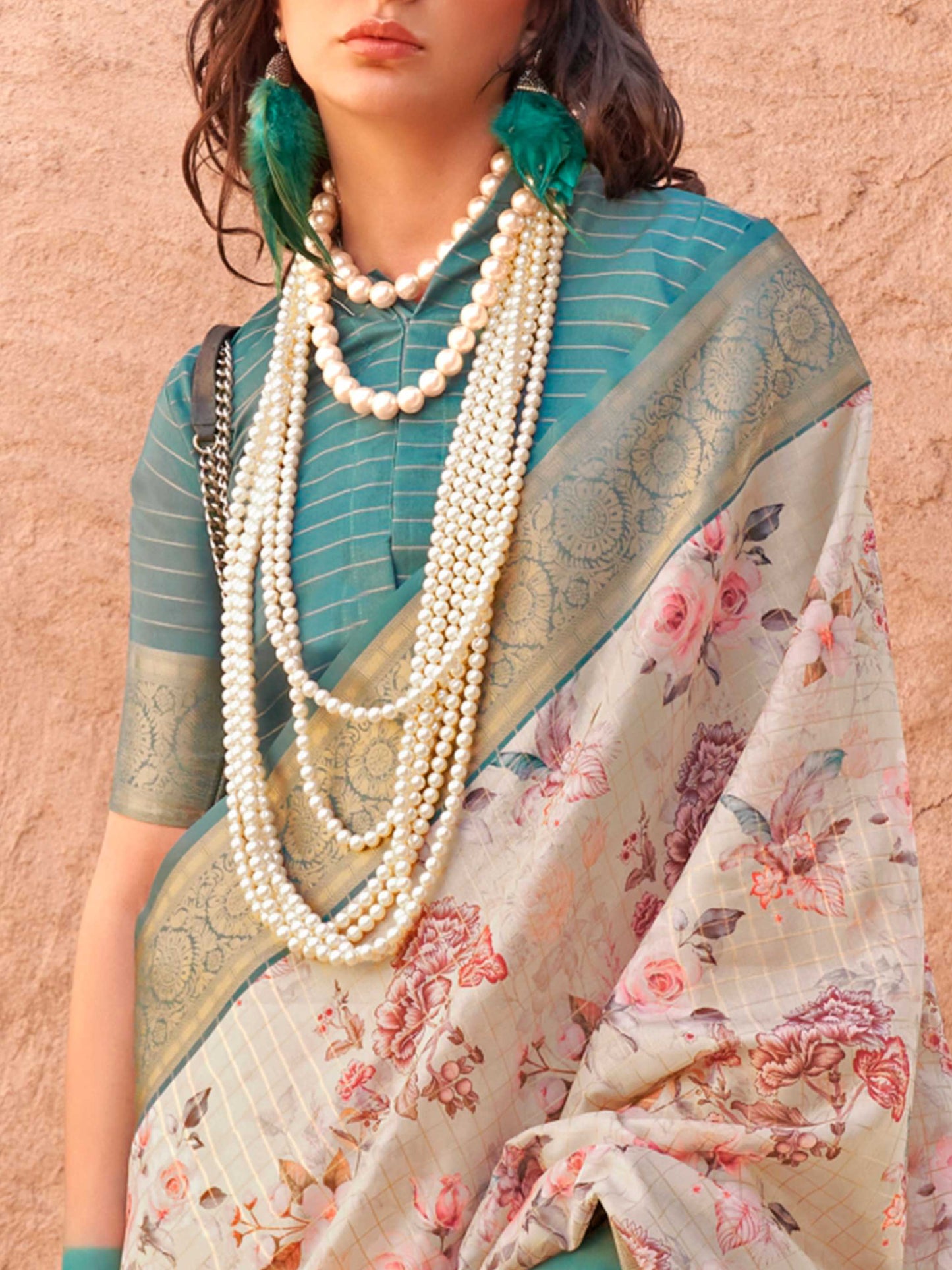 Beige FeatherSoft Saree with Woven Checks and Printed Floral Motifs