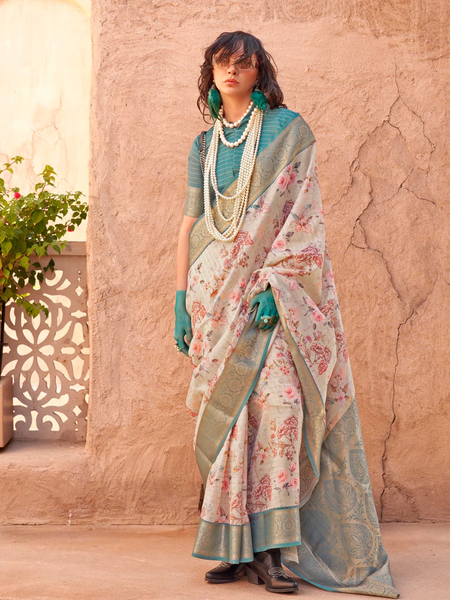 Beige FeatherSoft Saree with Woven Checks and Printed Floral Motifs