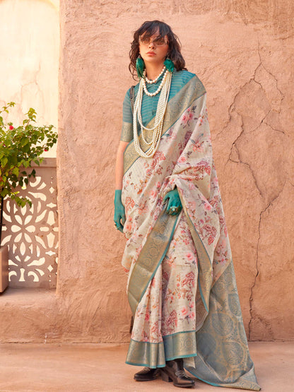 Beige FeatherSoft Saree with Woven Checks and Printed Floral Motifs