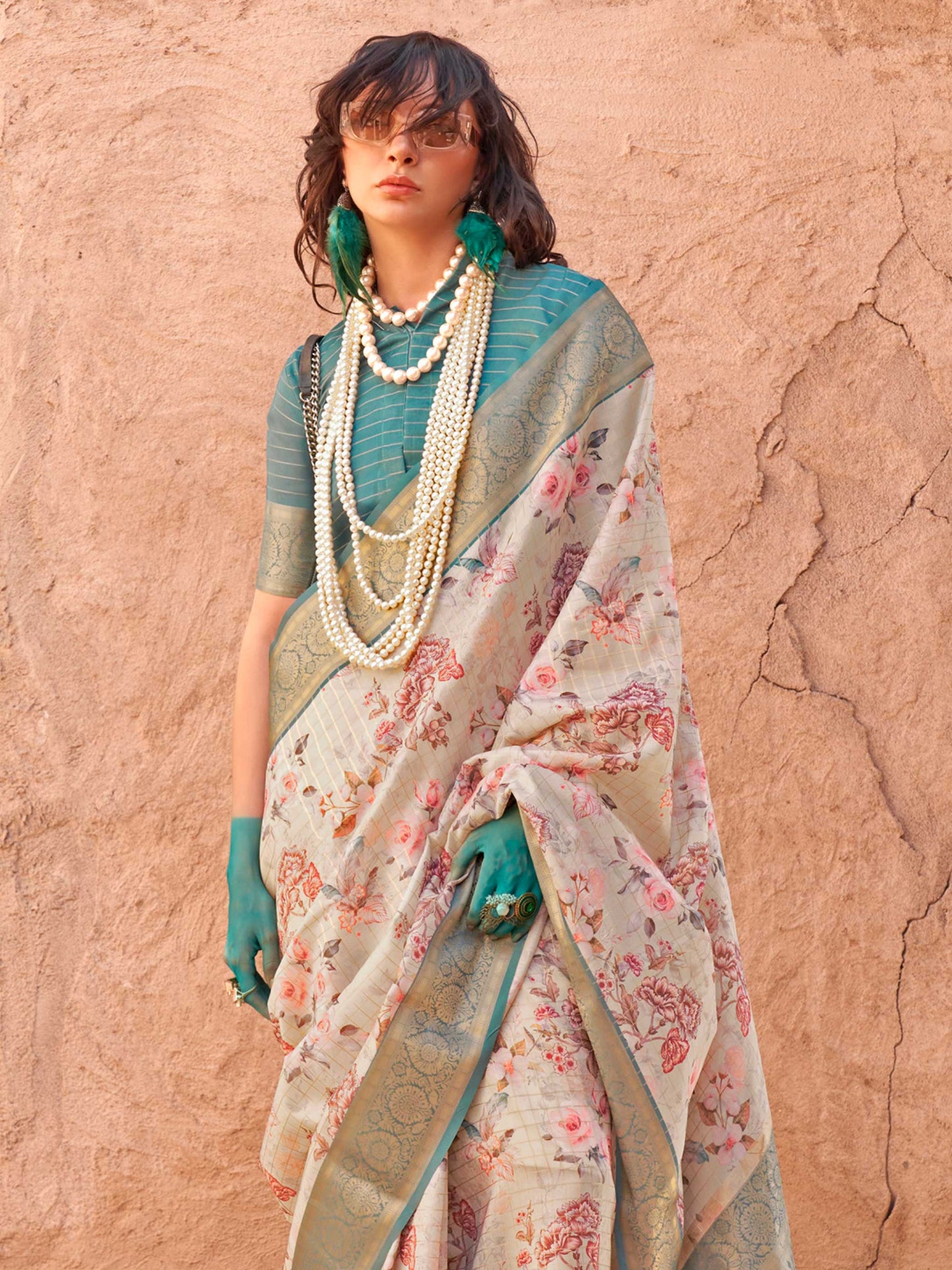 Beige FeatherSoft Saree with Woven Checks and Printed Floral Motifs