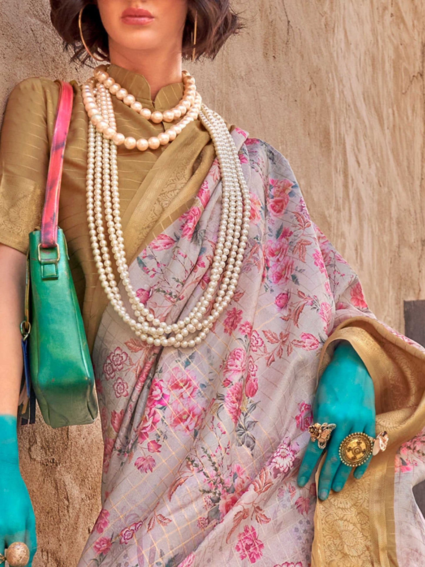 White FeatherSoft Saree with Woven Checks and Printed Floral Motifs