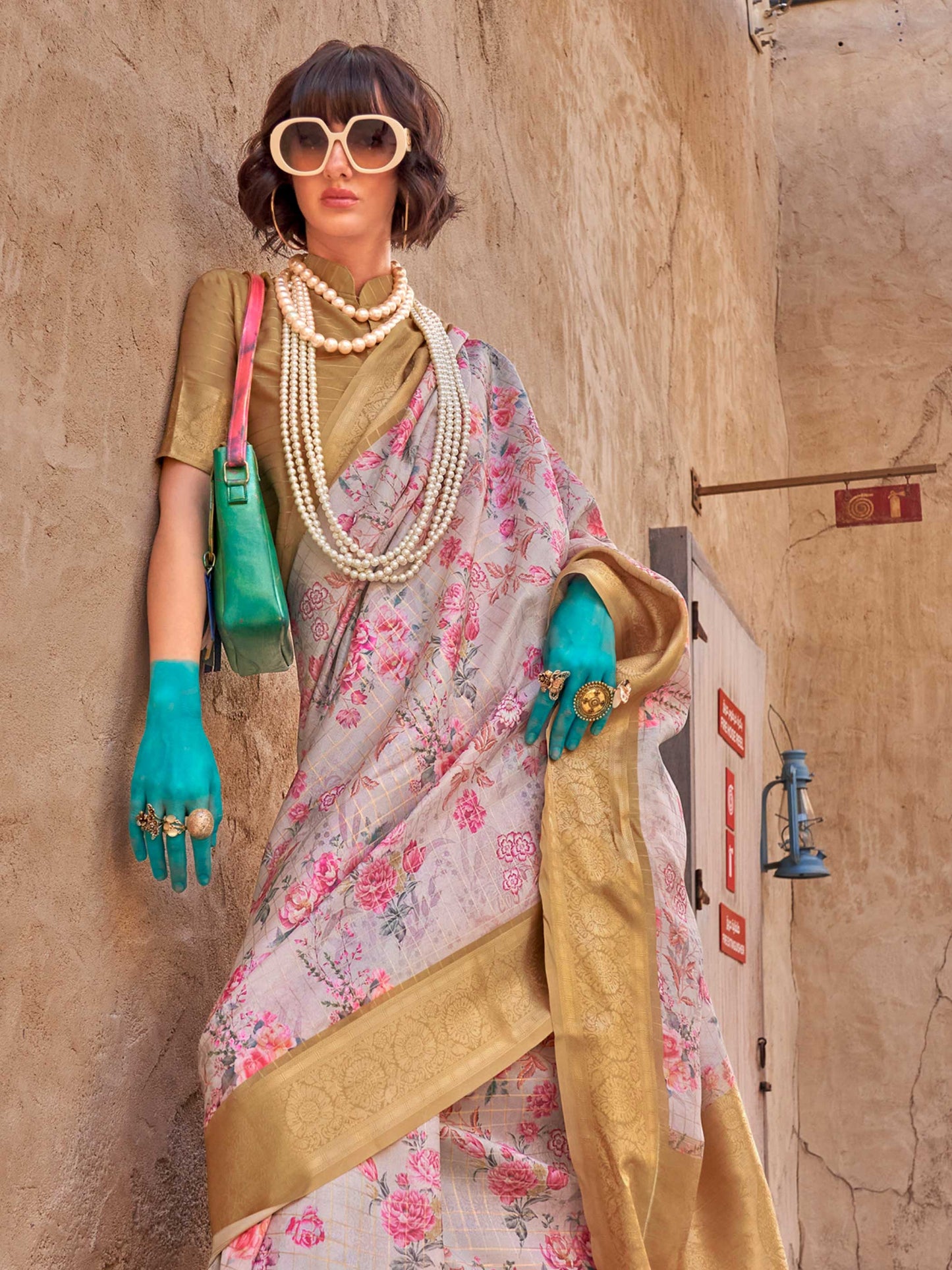 White FeatherSoft Saree with Woven Checks and Printed Floral Motifs