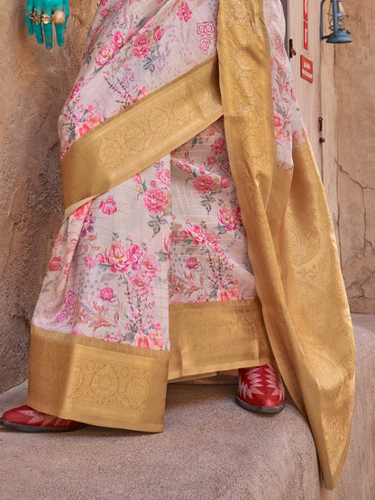 White FeatherSoft Saree with Woven Checks and Printed Floral Motifs