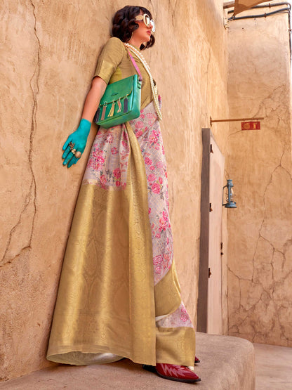 White FeatherSoft Saree with Woven Checks and Printed Floral Motifs