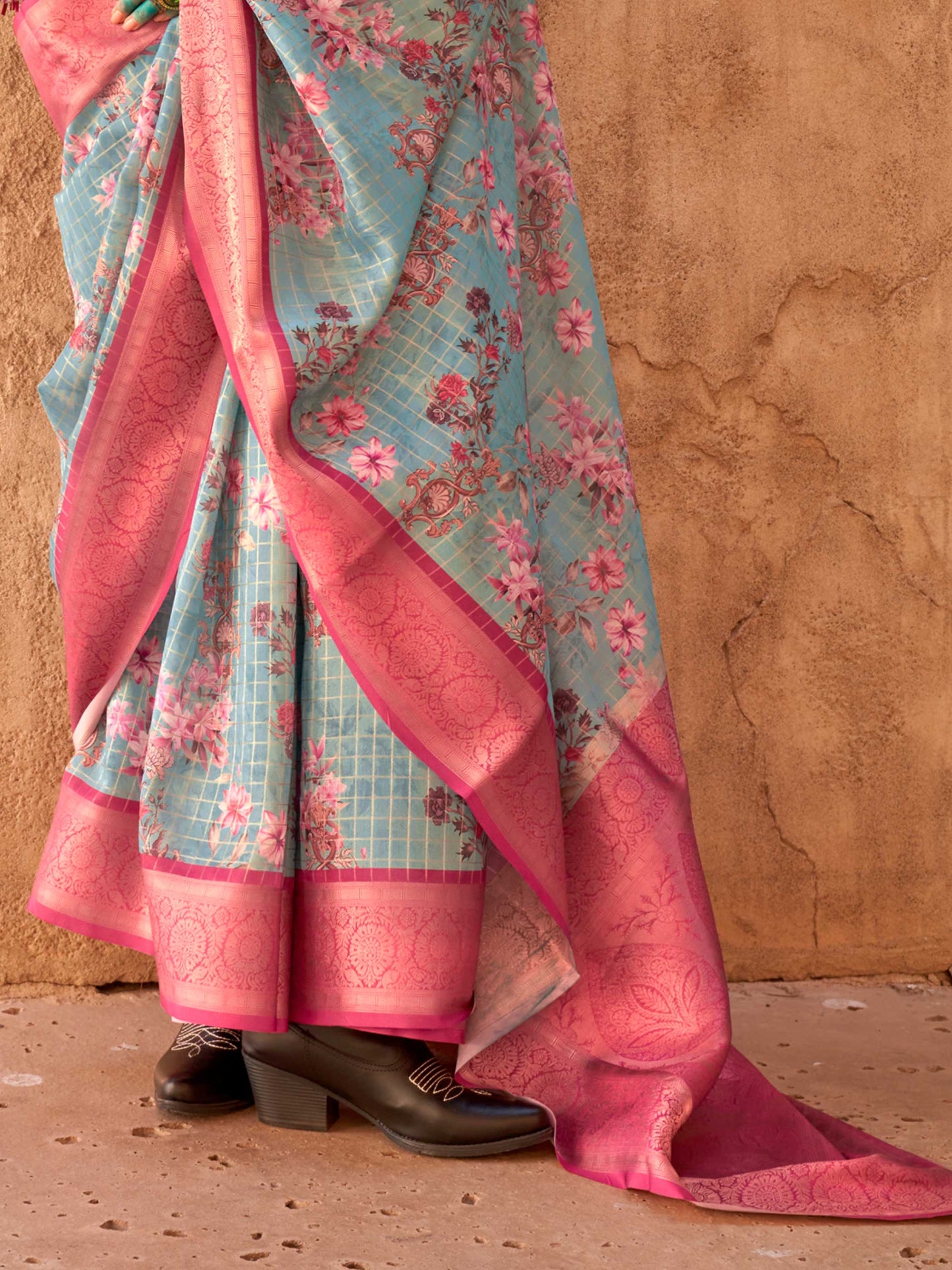 Blue FeatherSoft Saree with Woven Checks and Printed Floral Motifs