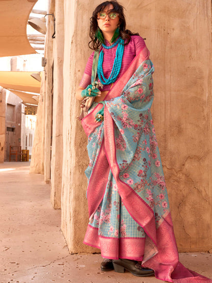 Blue FeatherSoft Saree with Woven Checks and Printed Floral Motifs