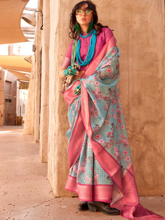 Blue FeatherSoft Saree with Woven Checks and Printed Floral Motifs