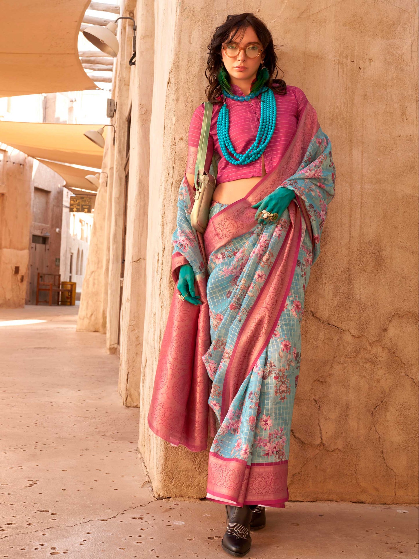 Blue FeatherSoft Saree with Woven Checks and Printed Floral Motifs