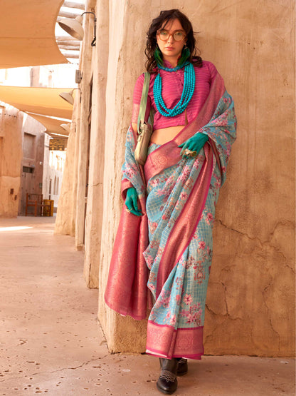 Blue FeatherSoft Saree with Woven Checks and Printed Floral Motifs
