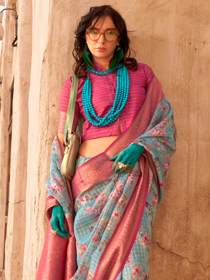 Blue FeatherSoft Saree with Woven Checks and Printed Floral Motifs