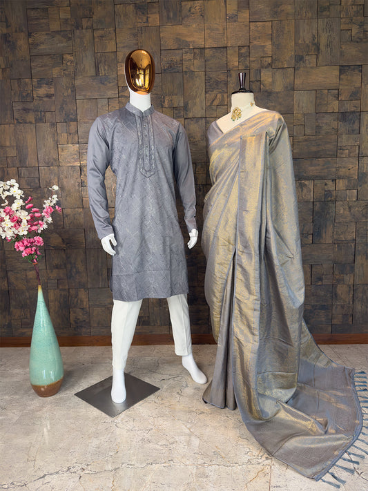 Grey Kanjivaram Silk Saree & Geometric Sequin Kurta Ethnic Couple Set