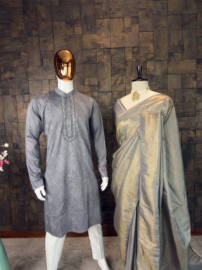 Grey Kanjivaram Silk Saree & Geometric Sequin Kurta Ethnic Couple Set