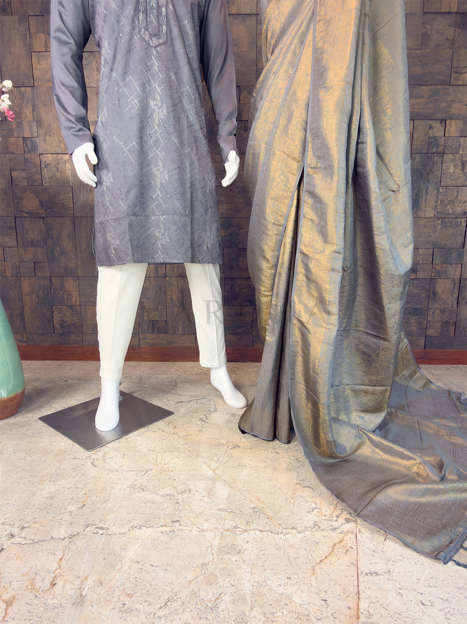 Grey Kanjivaram Silk Saree & Geometric Sequin Kurta Ethnic Couple Set