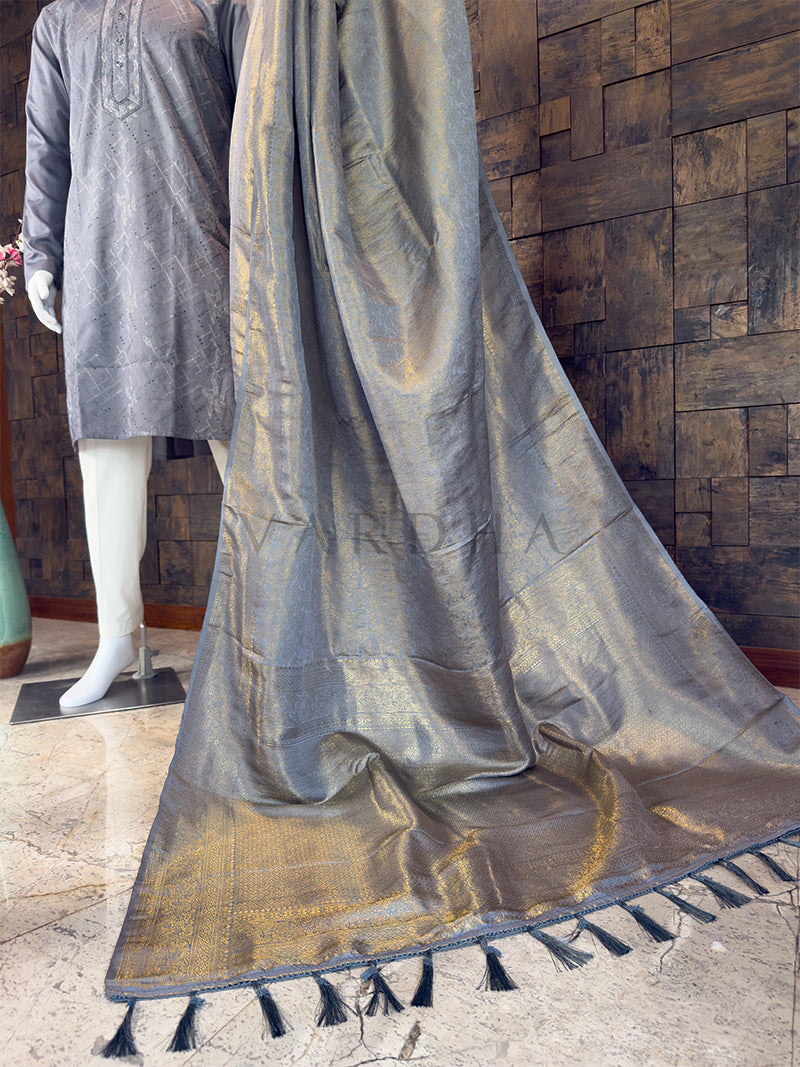 Grey Kanjivaram Silk Saree & Geometric Sequin Kurta Ethnic Couple Set